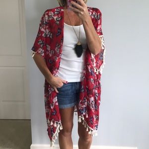 Red, Floral & Butterfly Print Kimono